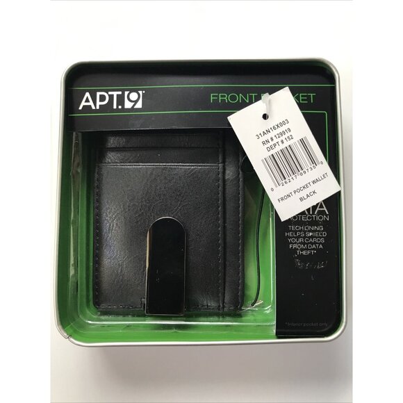 NIB Apt. 9 Black front pocket RFID shield Leather Minimalist Wallet Money Clip - Picture 1 of 6